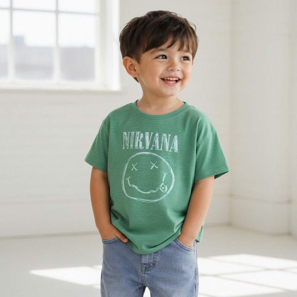 Nirvana Graphic Tee Kids 4T Green Smiley Face Logo Rock Band Short Sleeve Shirt